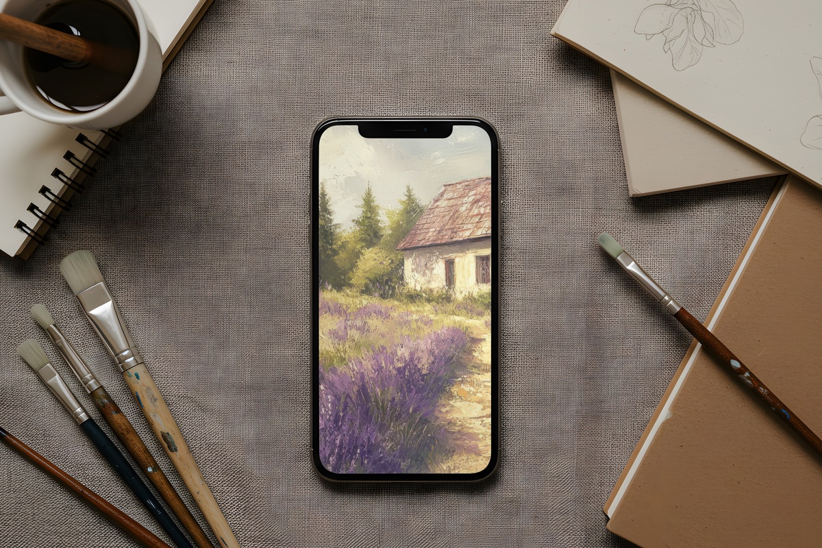 Cottage-Embraced Lavender Field Farmhouse iPhone Wallpaper
