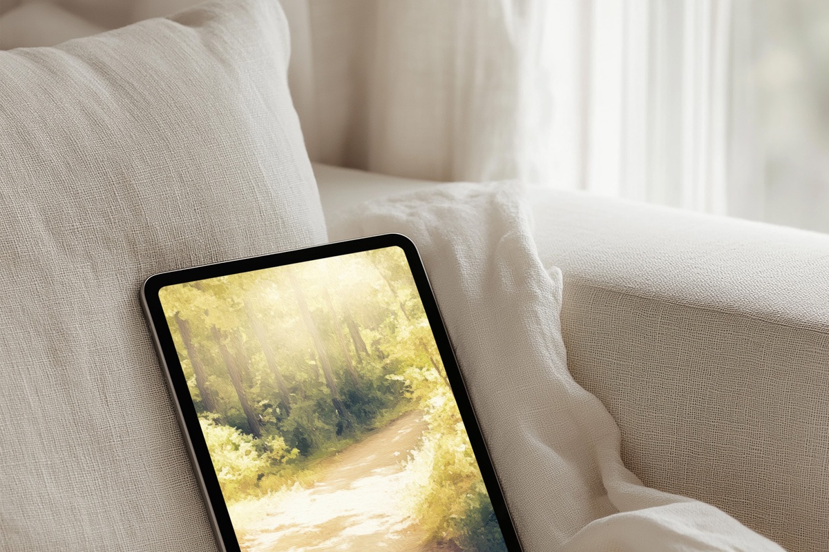 Sunlit Forest Journey vintage iPad wallpaper with golden forest light