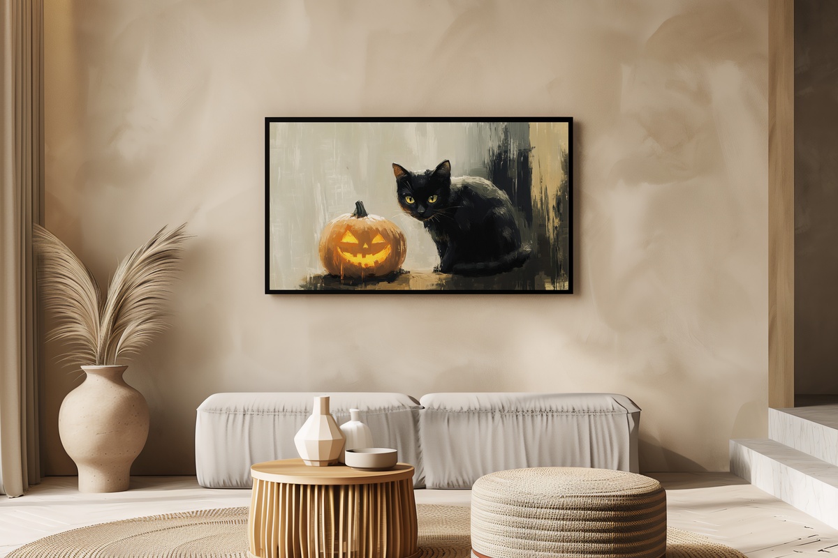 Pumpkin Glow and Black Cat Halloween Frame TV Art