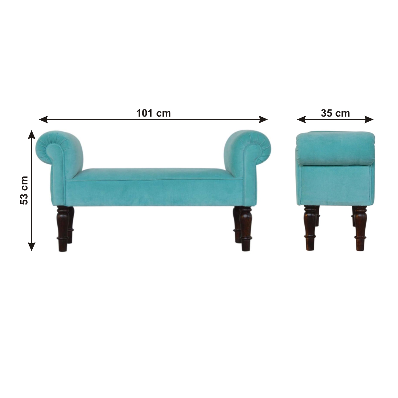 Size chart for Aqua Velvet Handmade Bench for Stylish Living Space Seating