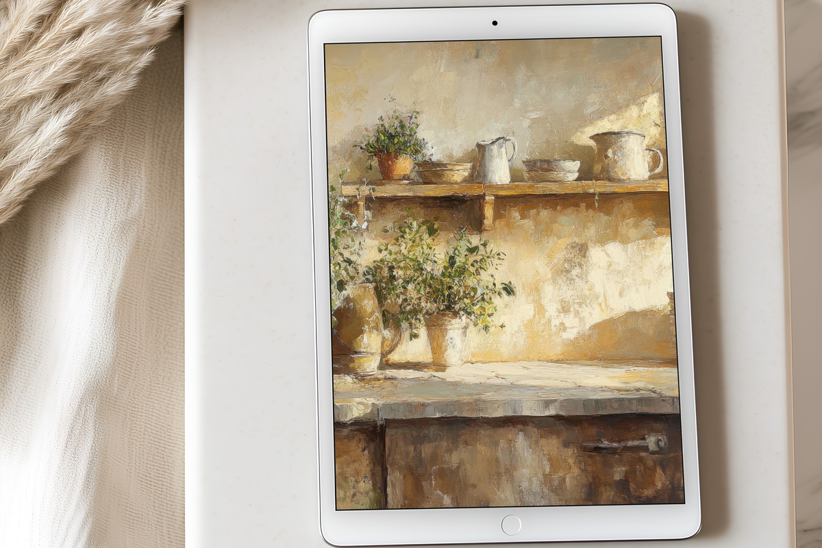 Fresh Herbs in Farmhouse Kitchen iPad wallpaper with soft sunlit tones