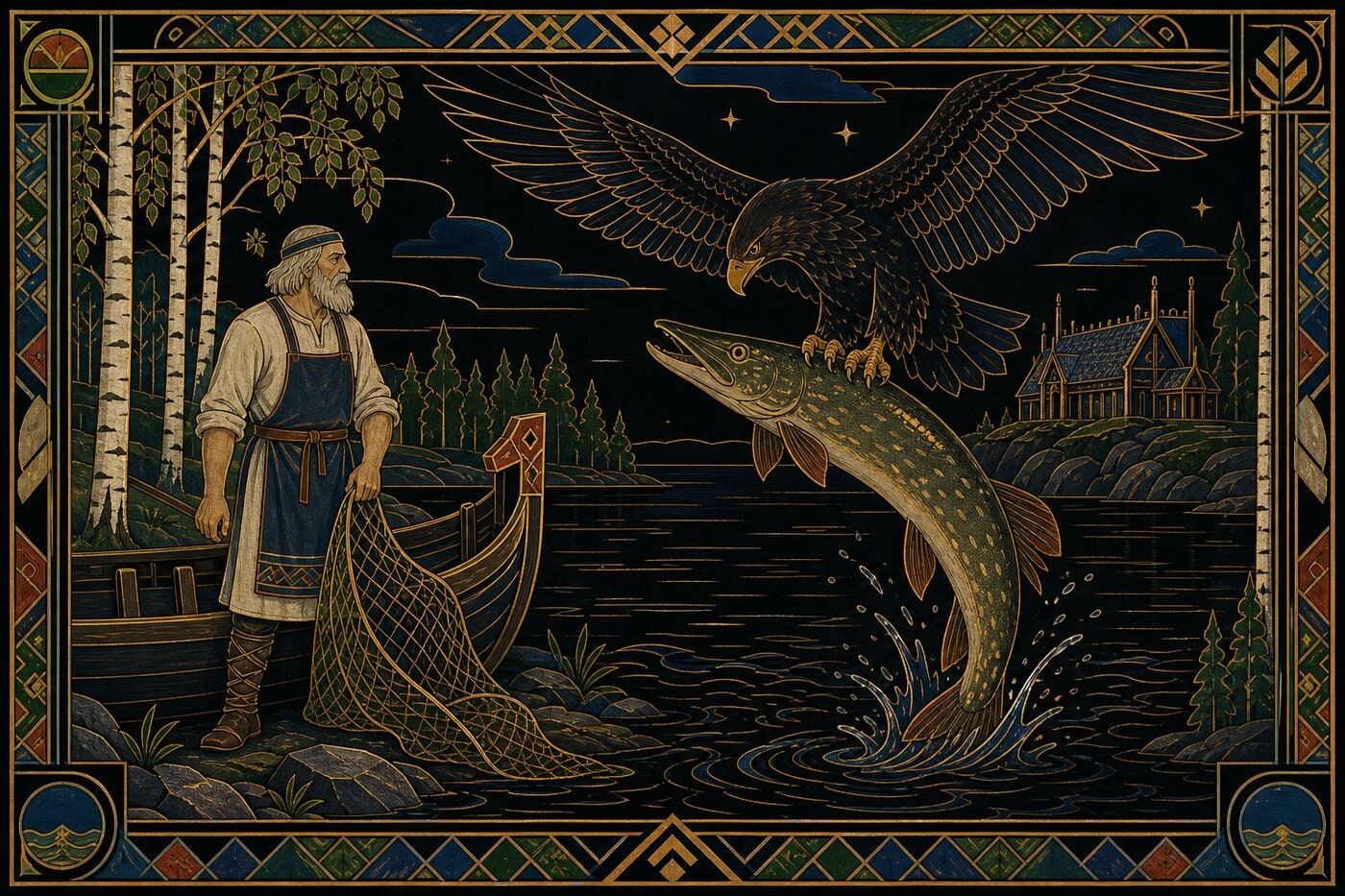 Original illustration for Ilmarinen Catches the Pike