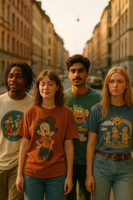Diverse group wearing stylish funny graphic T-shirts in urban setting