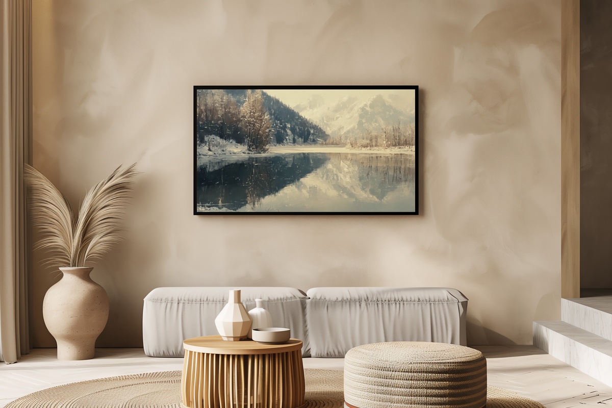 Serenity of Snowy Reflections Frame TV Art - mountain lake in winter
