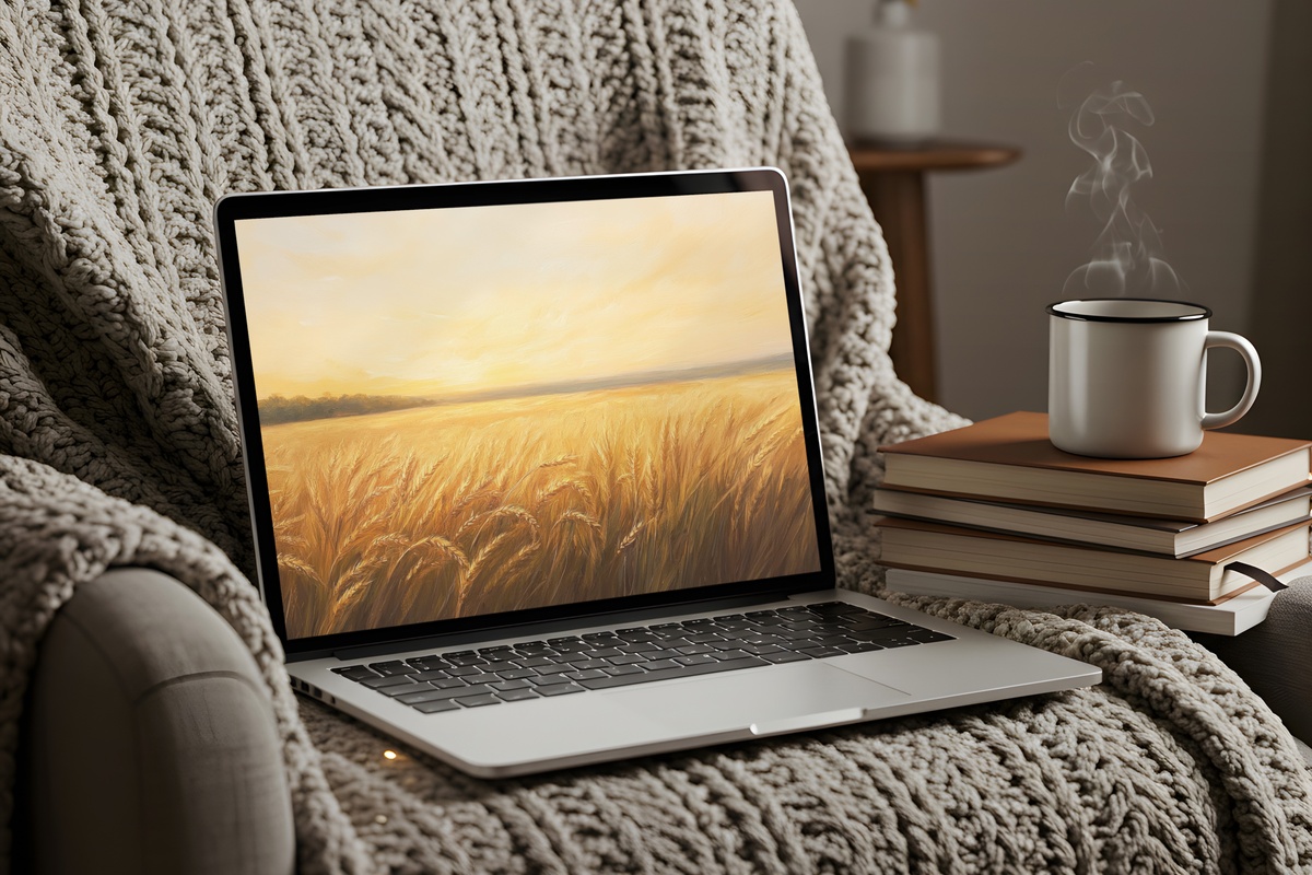 Sunset's Golden Embrace Desktop Wallpaper – golden wheat field at sunset