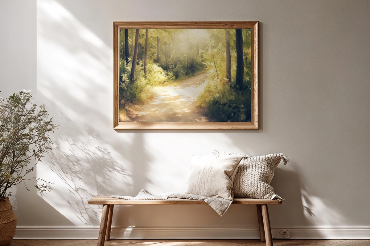 Sunlit Forest Journey Vintage Printable Wall Art - forest path in sunlight impressionist painting