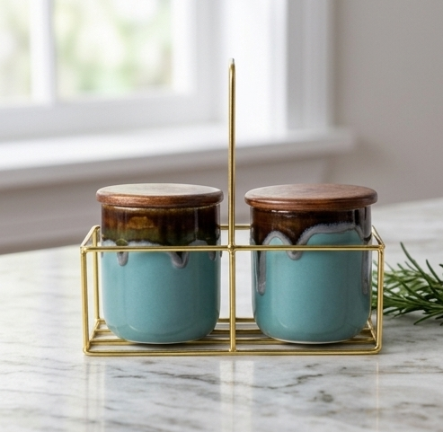 Dual Ceramic Storage Jar Set with Wooden Lids & Gold Metal Stand