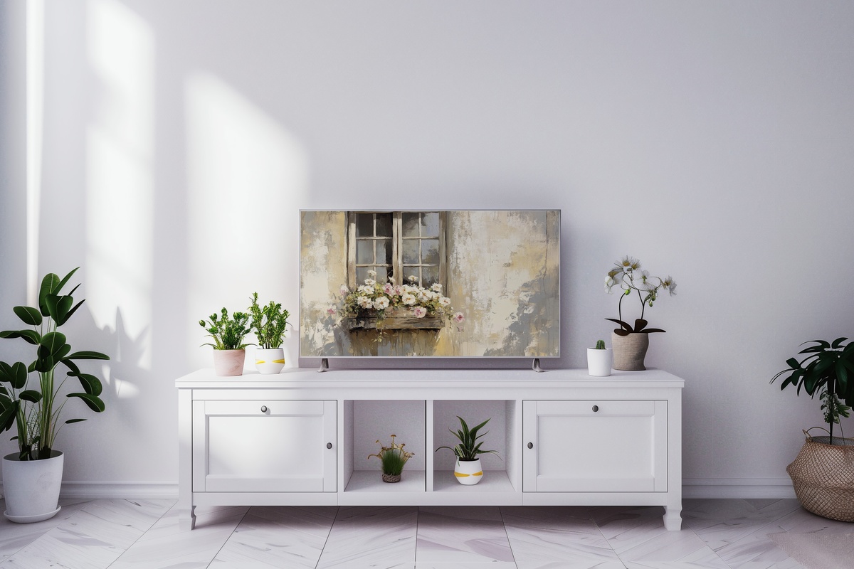 Blooming Farmhouse Window View Frame TV Art