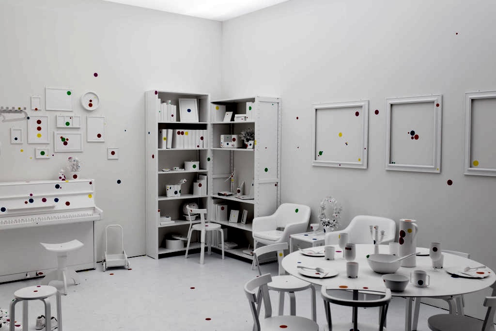 Yayoi Kusama, The Obliteration Room (installation view). Visitors over the course of the installation cover the all-white room with thousands of coloured stickers, gradually obliterating its surfaces — the principle Kusama has been working with for sixty years.