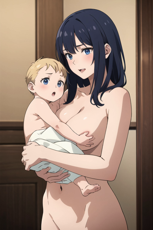 母子ヌード by オンナノエッ! with nude, completely naked, mother and child, mother and daughter, hug, large breasts, ai art