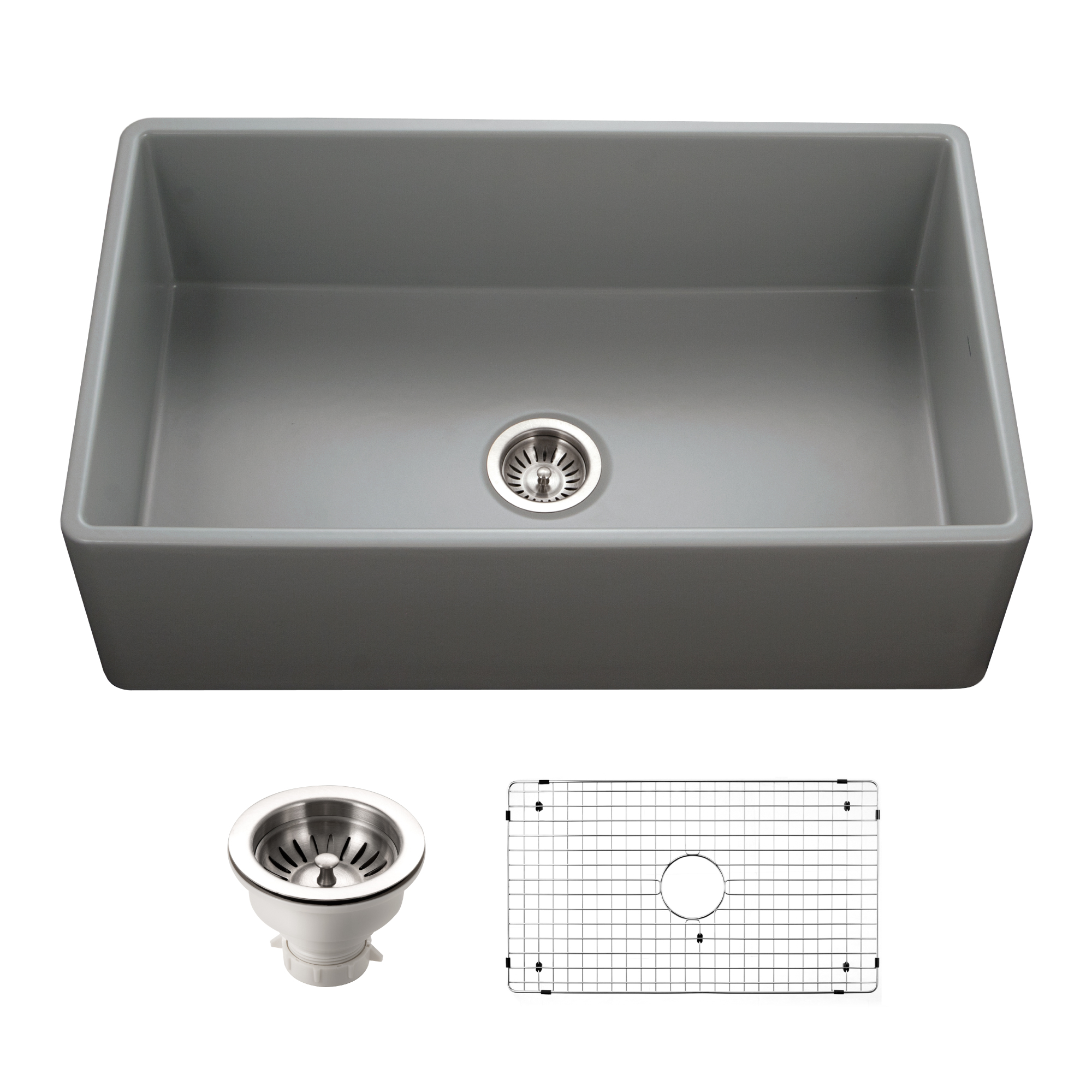 Houzer 33" Fireclay Single Bowl Farmhouse Kitchen Sink, Gray, Platus Series, PTG-4300 GR