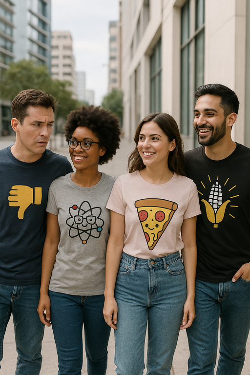 Diverse group wearing stylish funny graphic T-shirts in urban setting