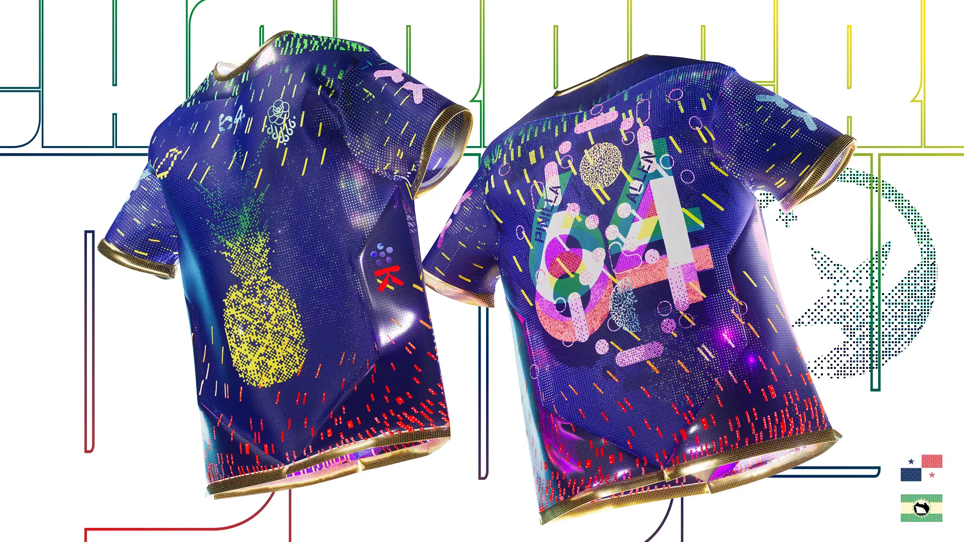 3D rendered front and back view of a vibrant navy blue football jersey featuring a pixel art pineapple design colorful confetti patterns and the number 04 on the back with gold trim accents
