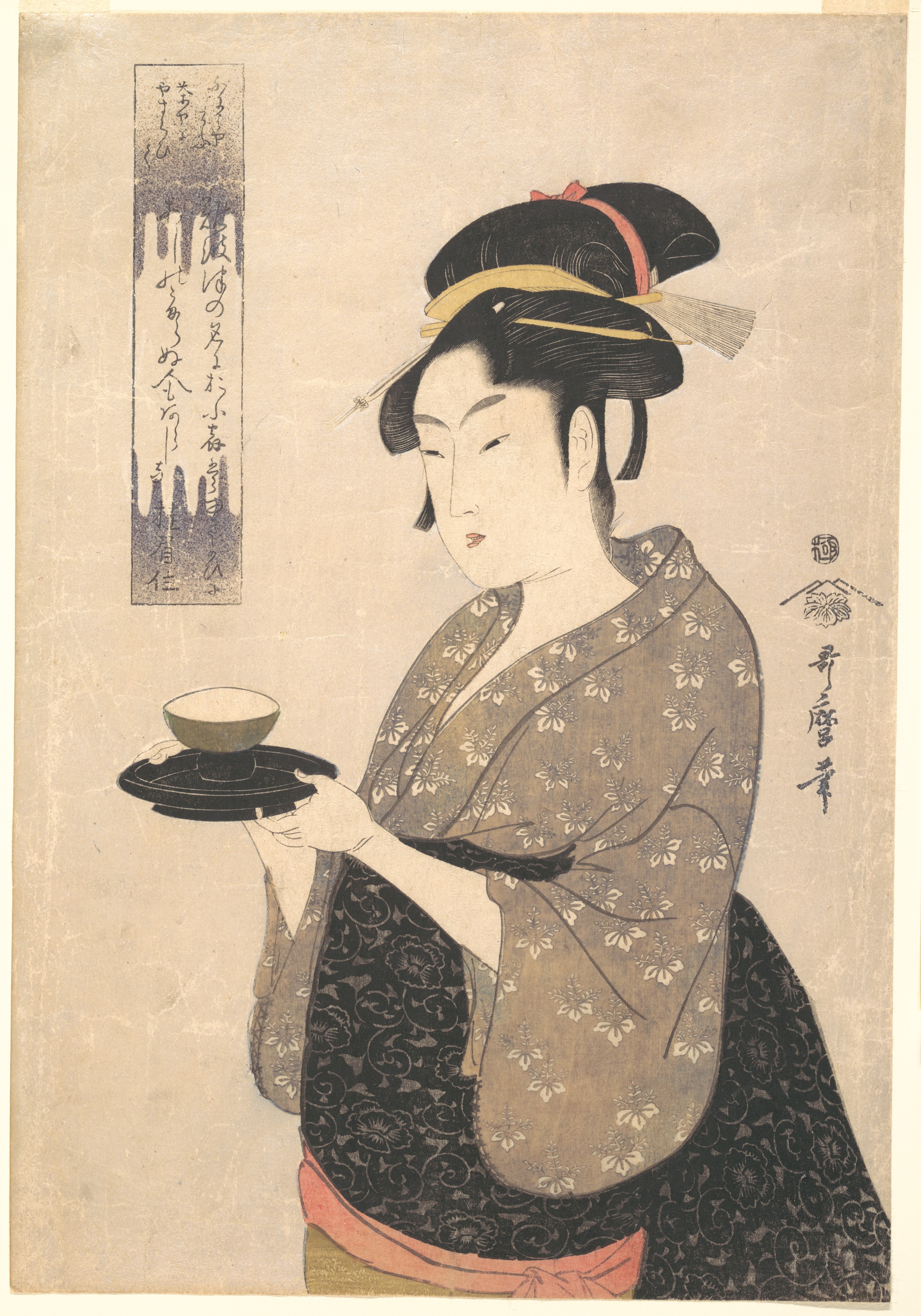 Kitagawa Utamaro, Naniwaya Okita, a Ryōgoku teahouse waitress he drew repeatedly, in a large-head bijin portrait. Metropolitan Museum of Art.