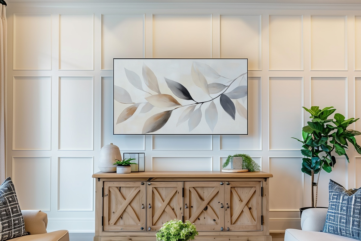 Serene Canvas of Leaf Harmony Neutral Frame TV Art