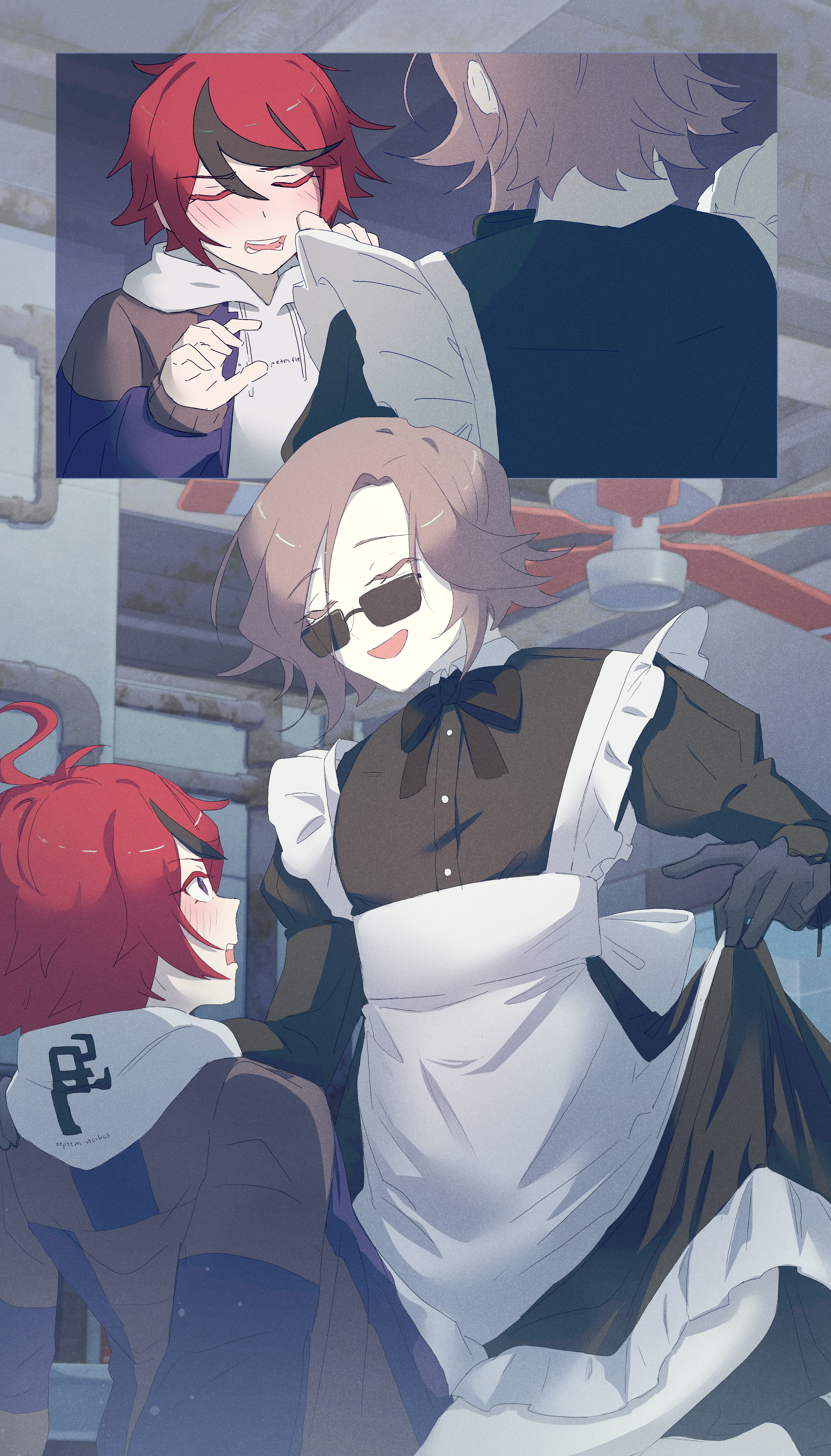 Takumi blushing over maid dress Eito
