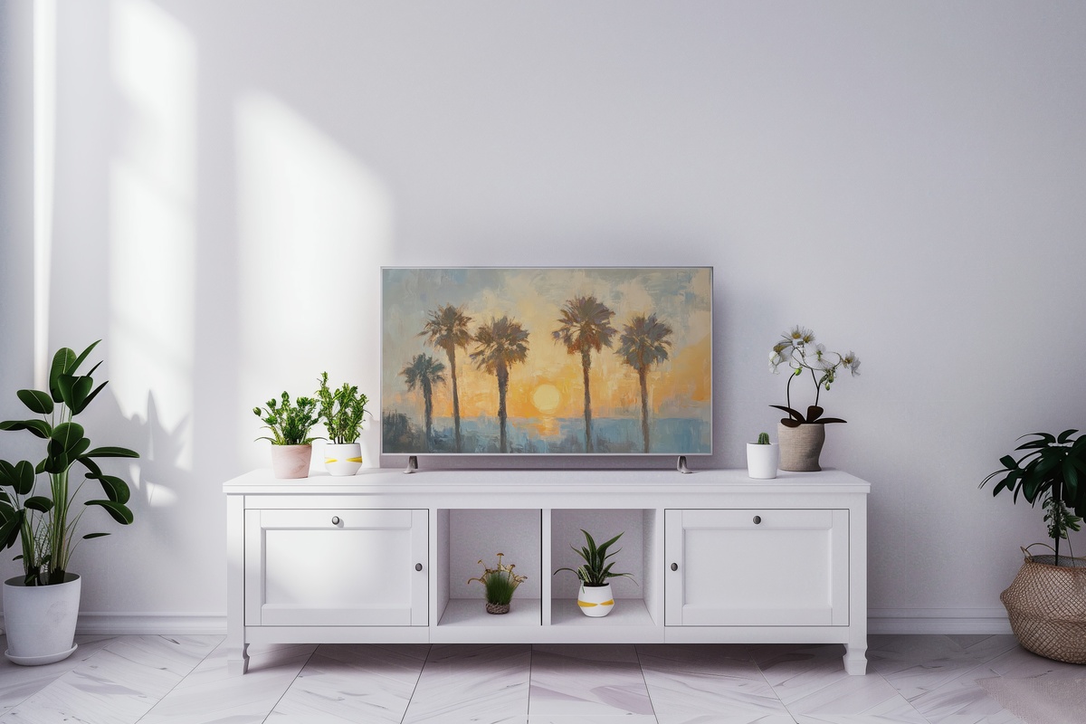 Sunlit Whisper of Palms Summer Frame TV Art featuring textured golden tropical palms