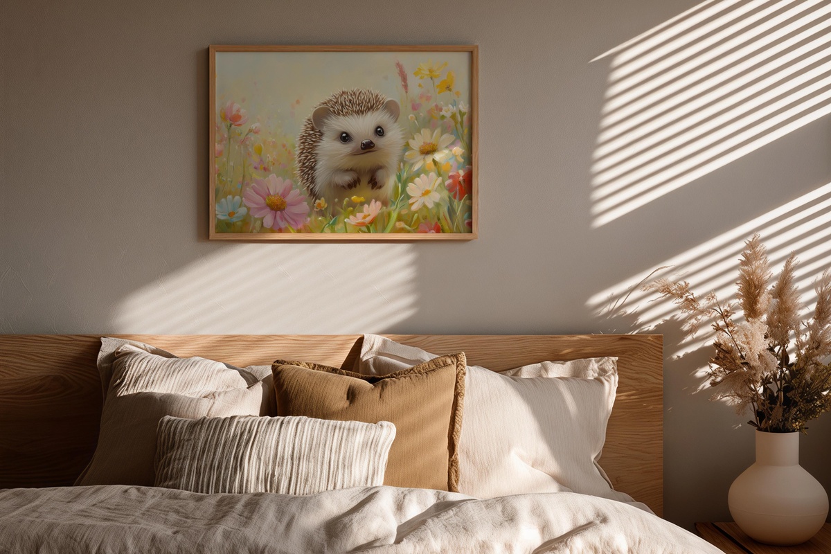 Hedgehog's Blooming Haven nursery printable wall art with hedgehog surrounded by vibrant blossoms