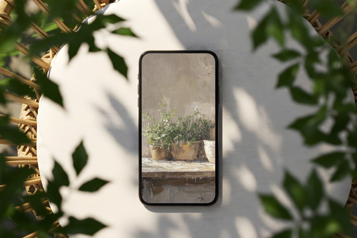 Herb-Filled Farmhouse Kitchen iPhone wallpaper in warm earthy kitchen tones