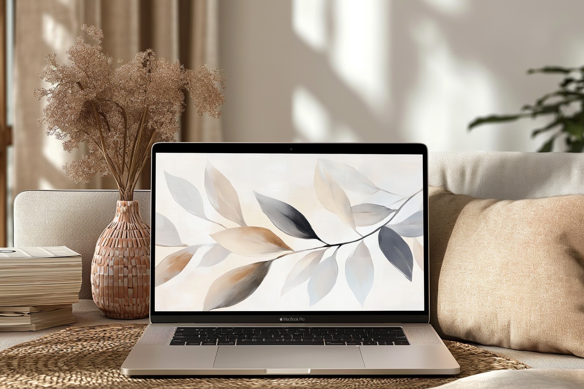 Serene Canvas of Leaf Harmony Neutral Desktop Wallpaper