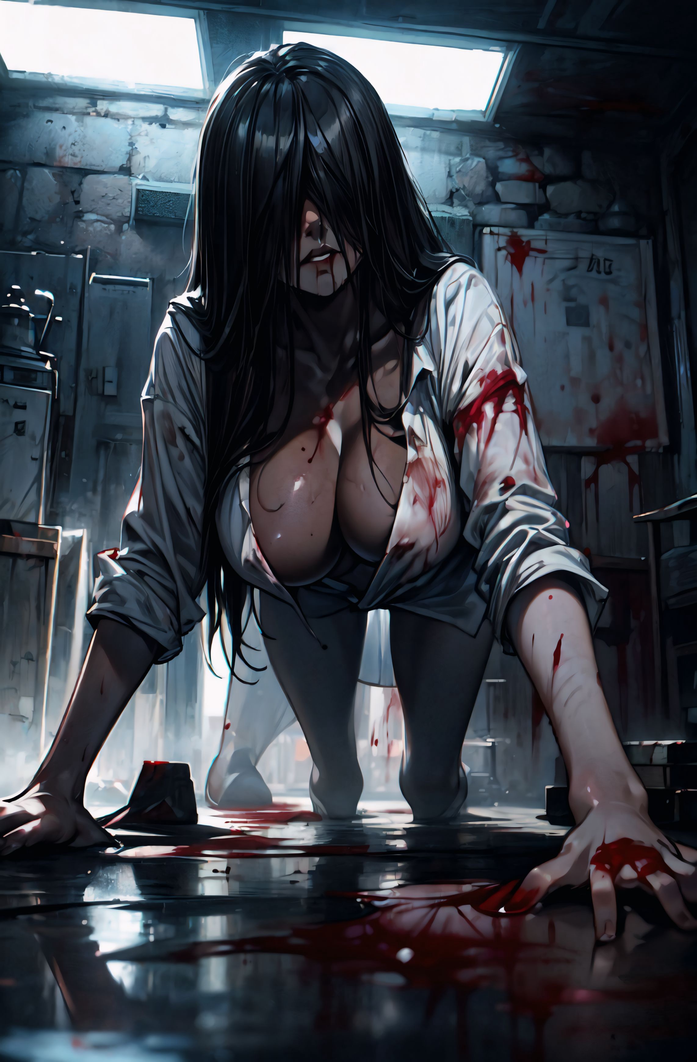 The Ring Sadako 貞子 by てんぷら_Tempura with sadako, long black hair, ai art