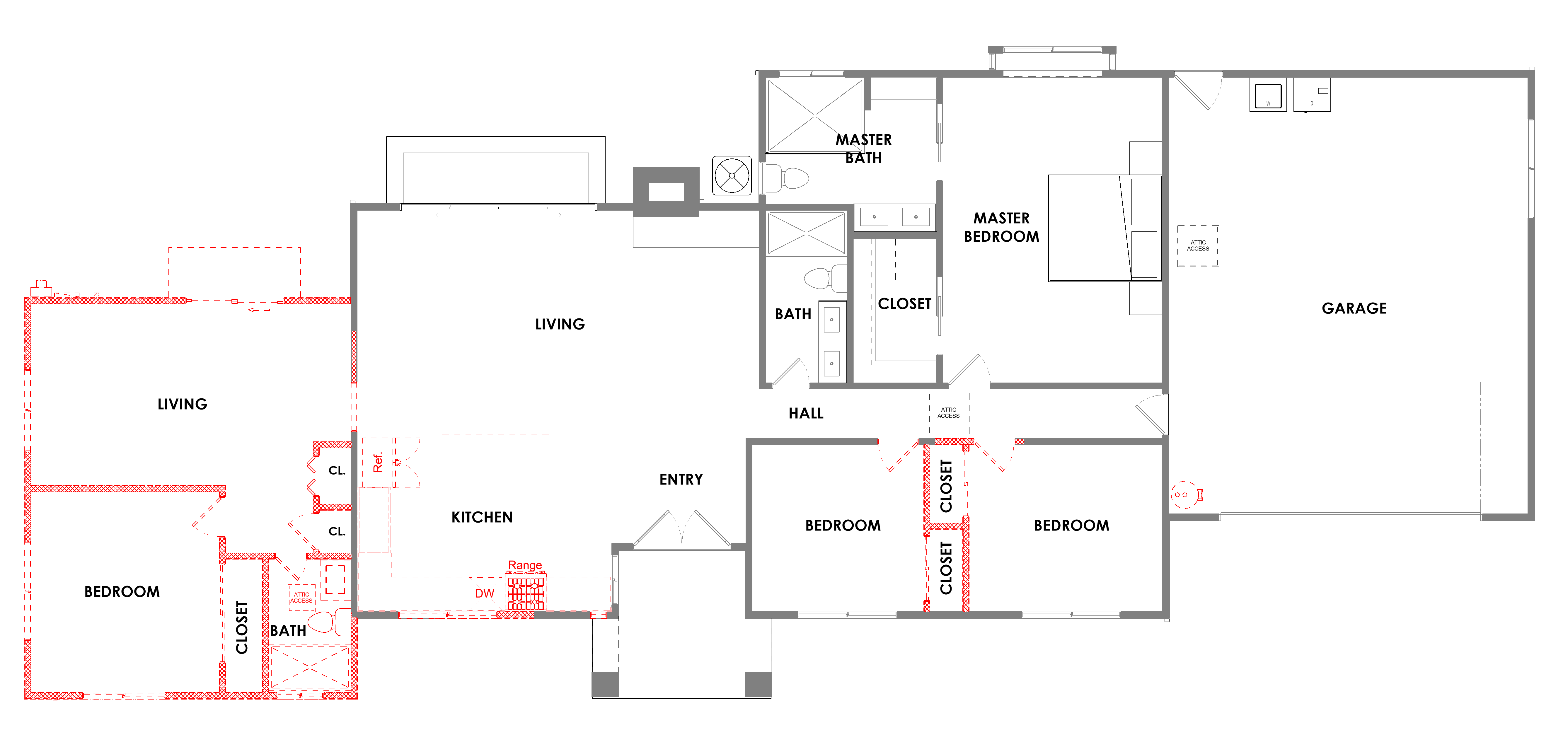 Existing floor plan of a one-story San Jose house, with the west wing marked for demolition