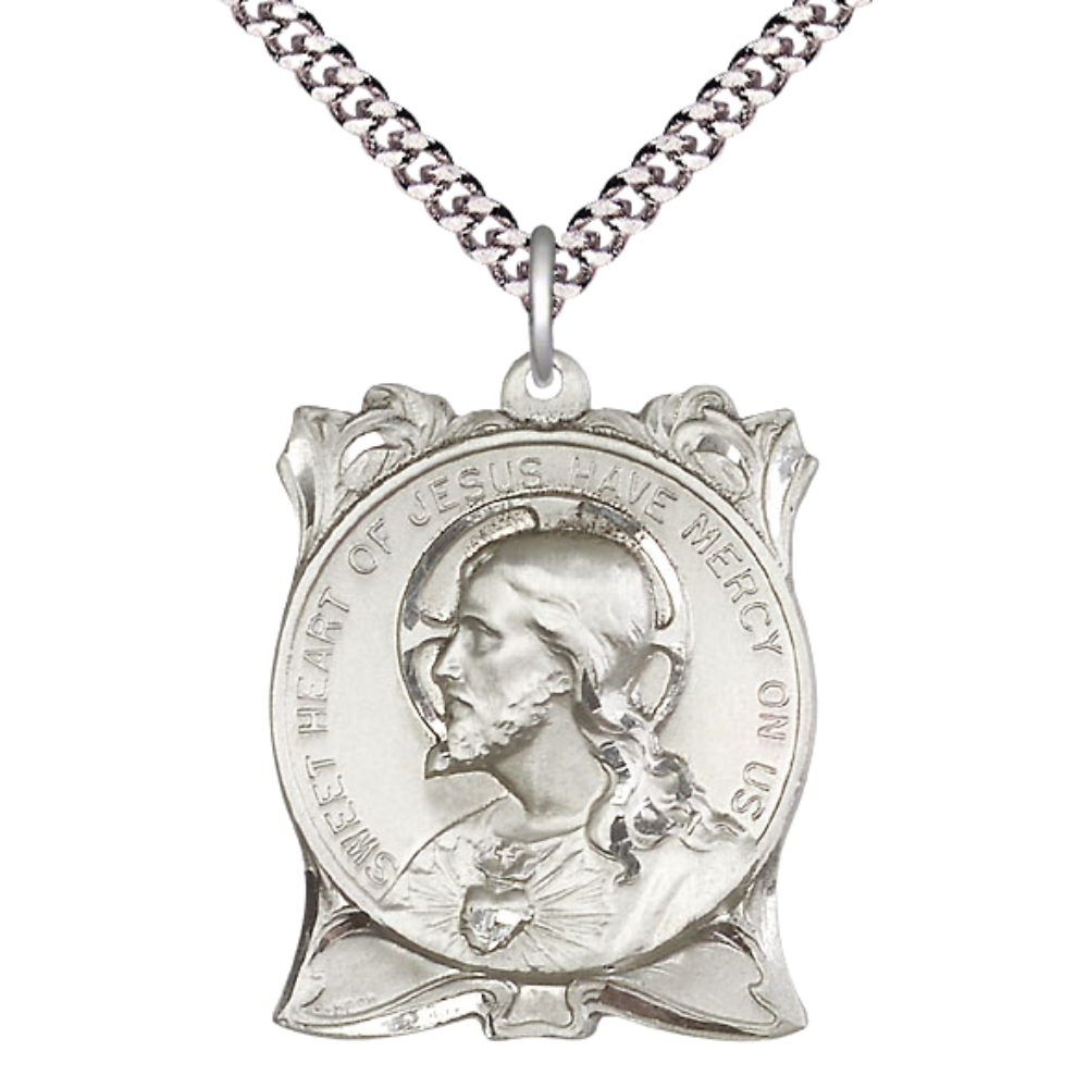 Sterling Silver Sacred Heart of Jesus Medal Pendant 24" Endless Chain Necklace main product image
