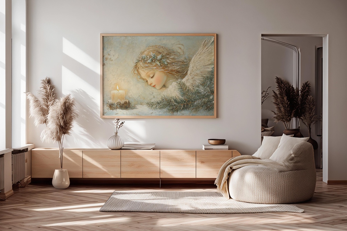 Winter Glow Angel Christmas printable wall art with candlelit angel figurine