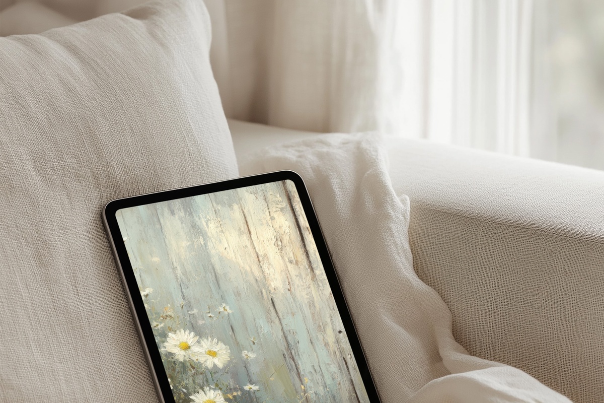 Daisy-Brightened Barn Entry Farmhouse iPad Wallpaper with soft blue and cream