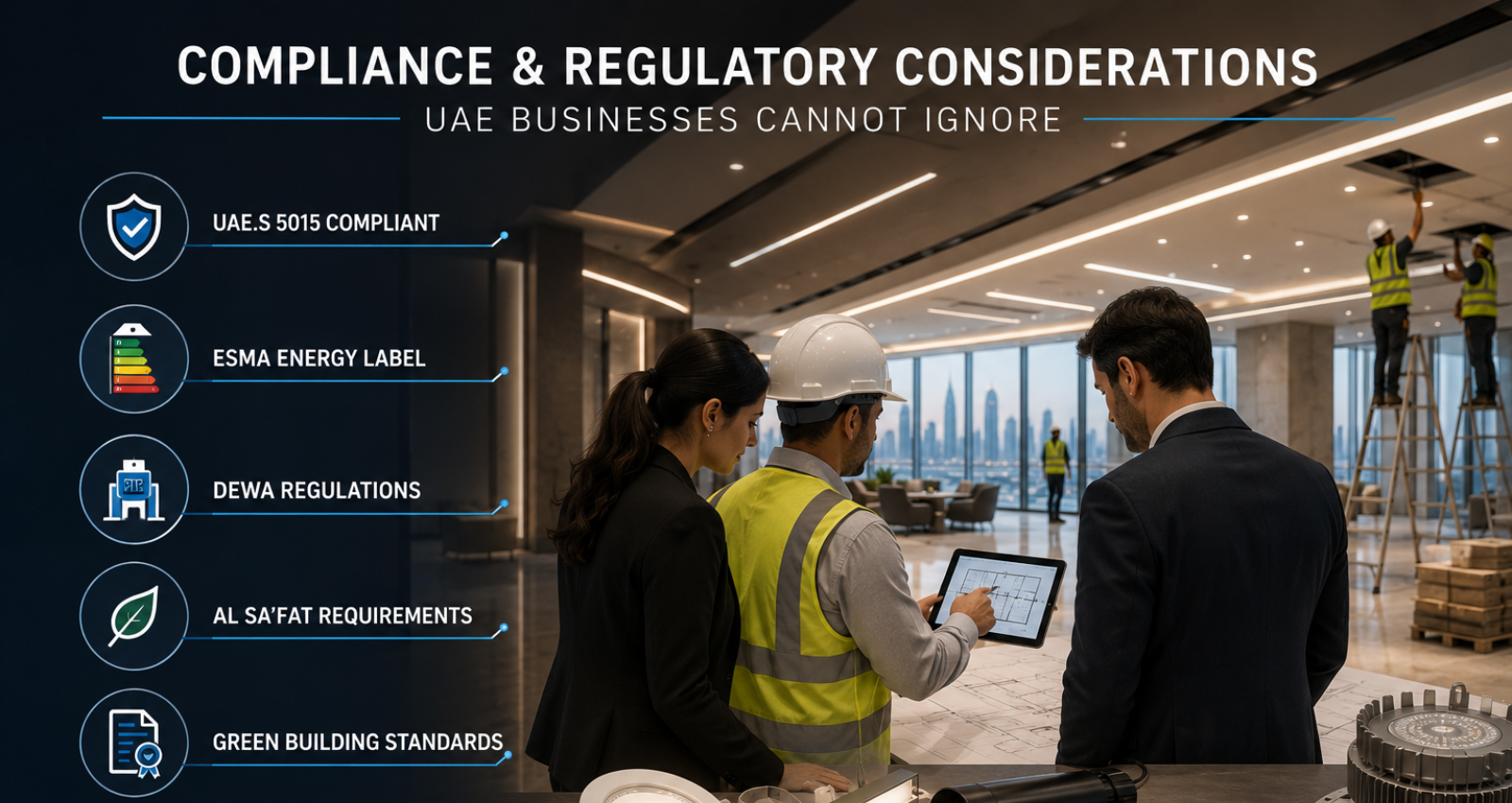 abc.jpg Lighting professionals reviewing commercial lighting compliance for a UAE project