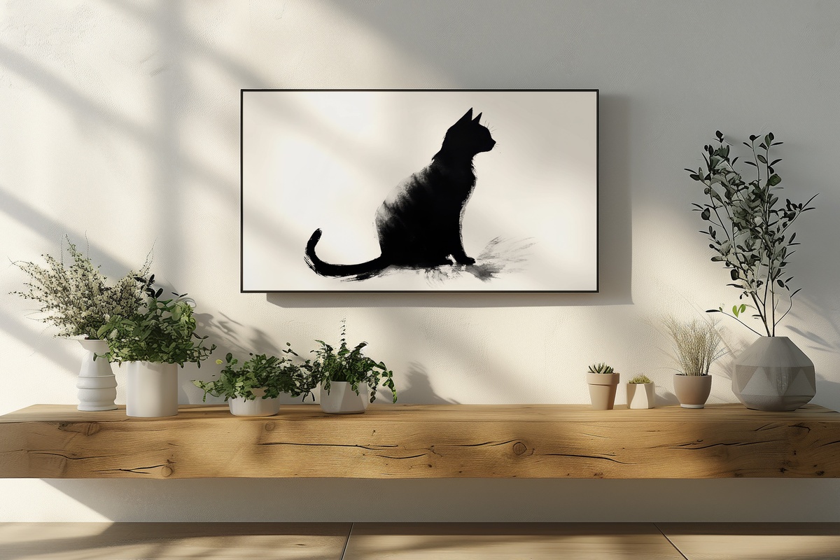 Sophisticated Cat Silhouettes Black and White Frame TV Art