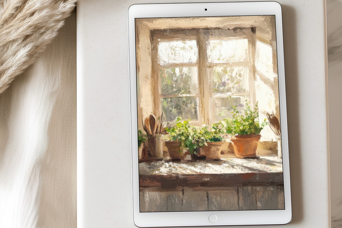 Impressionist Herb farmhouse iPad wallpaper in serene earthy tones