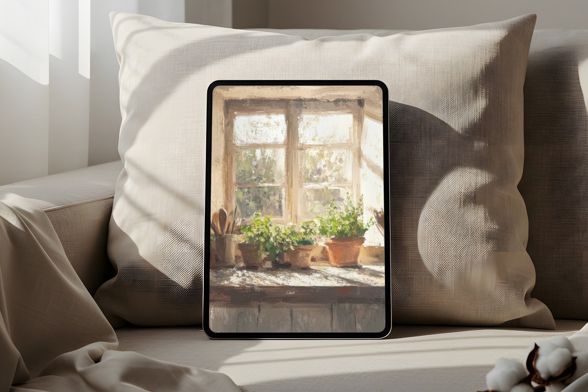 Impressionist Herb Farmhouse iPad Wallpaper in serene earth tones