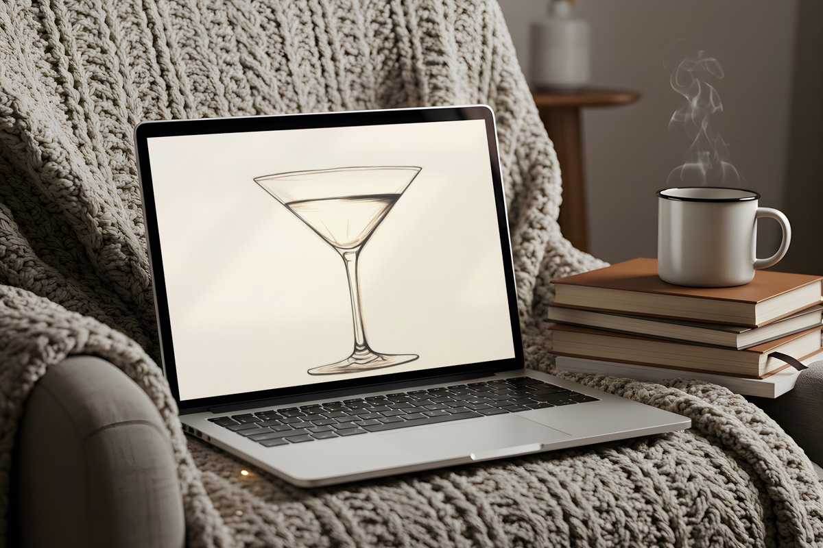 Line Art Martini Grace Desktop Wallpaper featuring an elegant martini glass in minimal single-line illustration