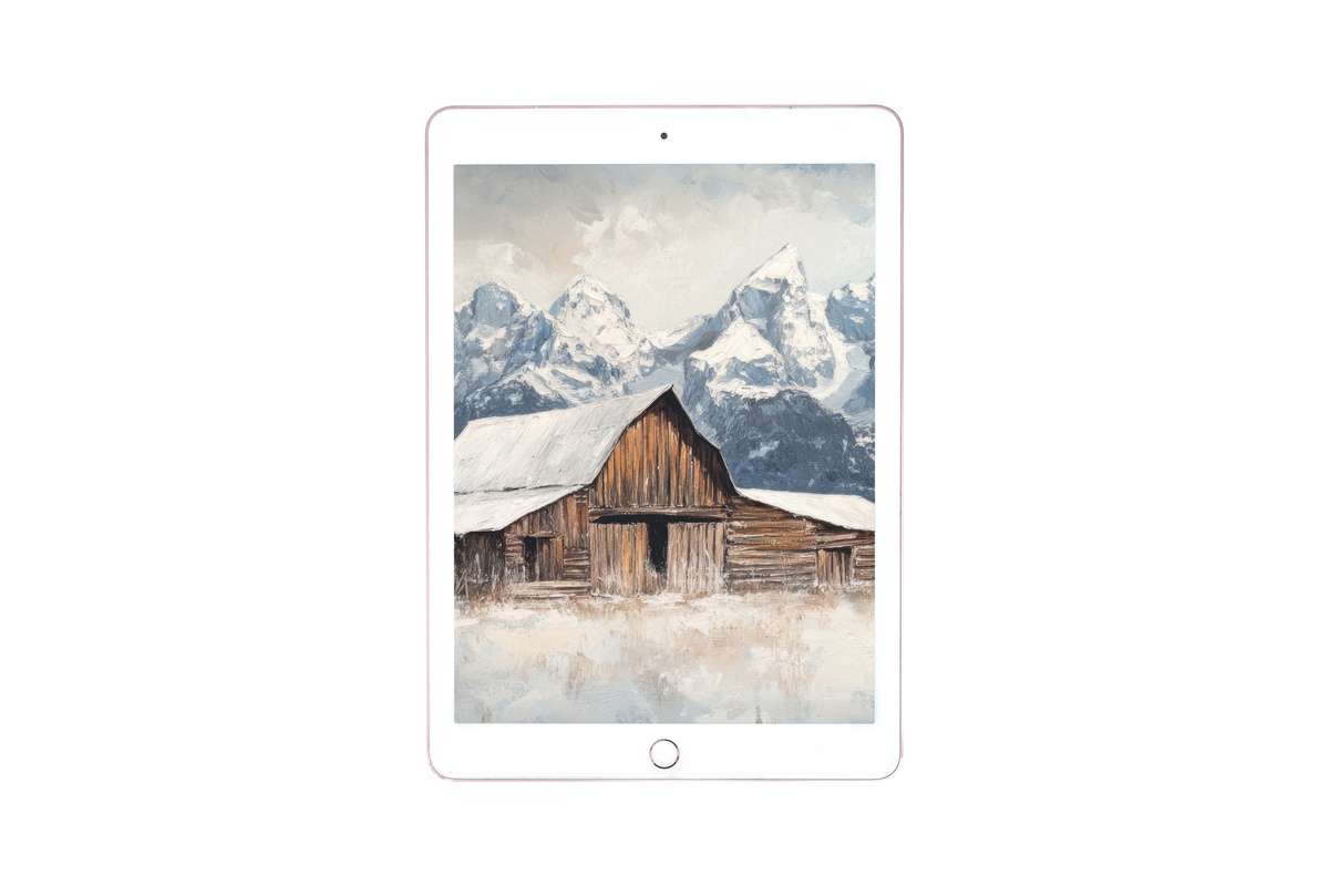 Mountain Snow Barn Stillness farmhouse iPad wallpaper in soft grays