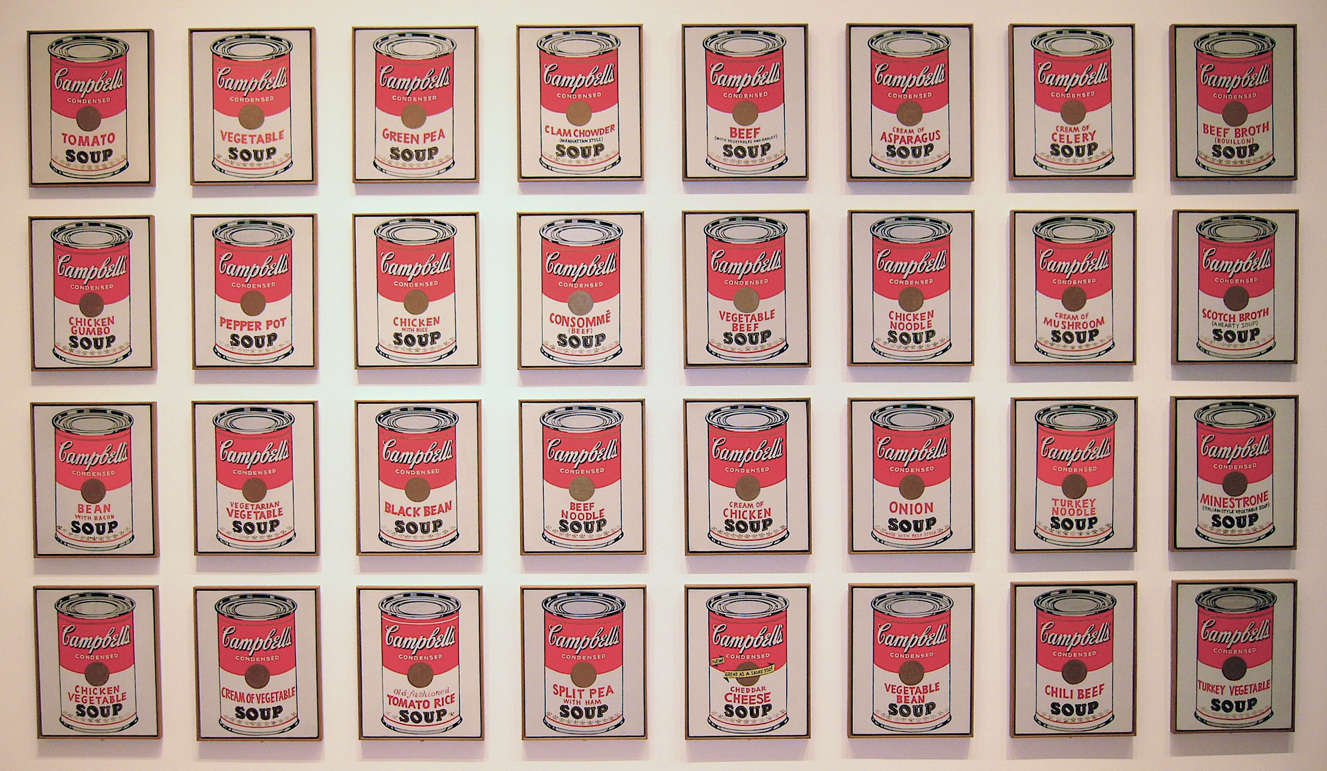 Andy Warhol, Campbell's Soup Cans, 1962. Synthetic polymer paint on canvas (32 canvases). Museum of Modern Art, New York.