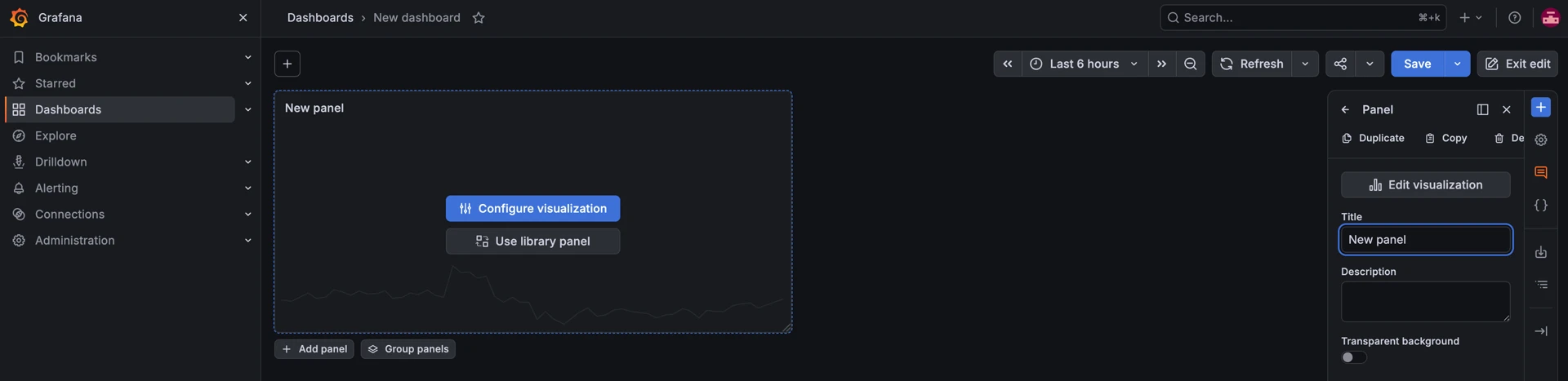 Dashboards > New dashboard > Configure visualization