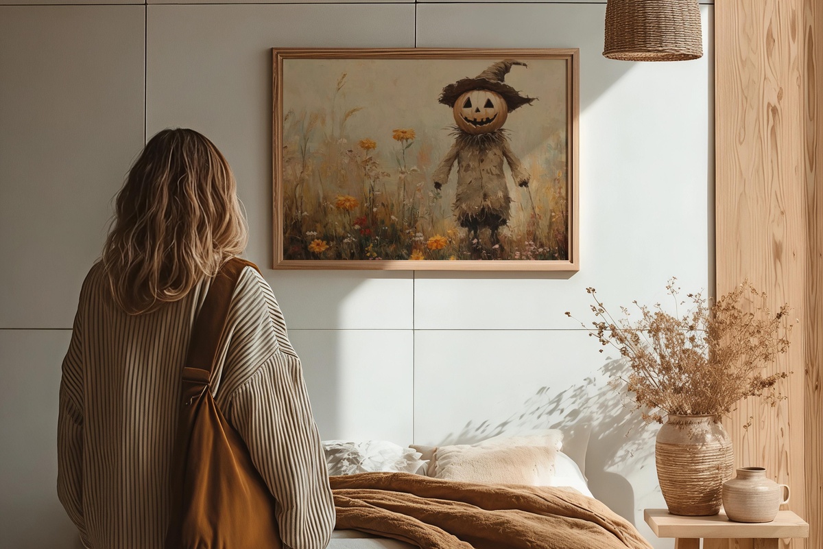 Scarecrow Amid Wildflower Whimsy Halloween printable wall art