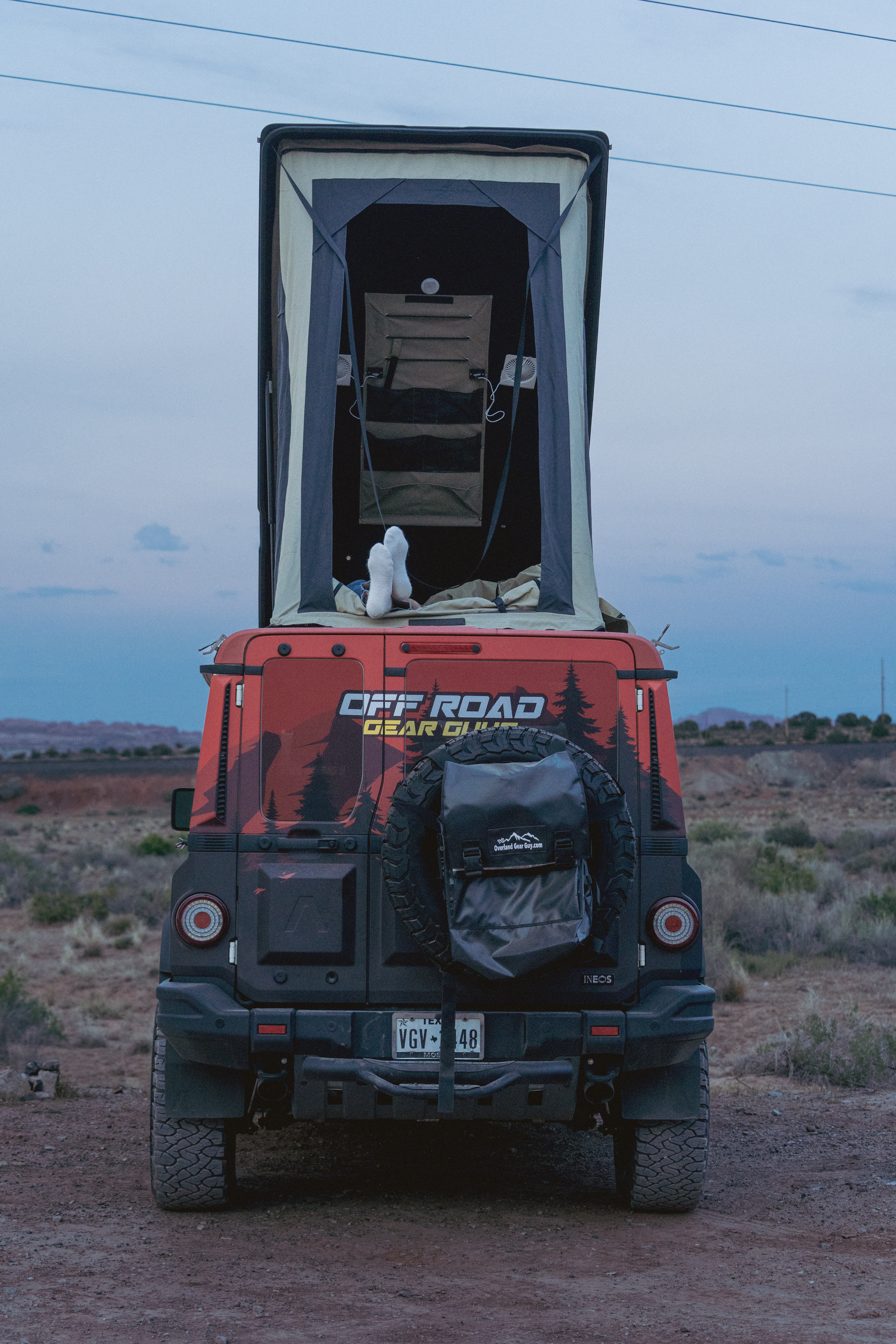 Rear view of Off Road Gear Guys expedition build with rooftop tent in Moab