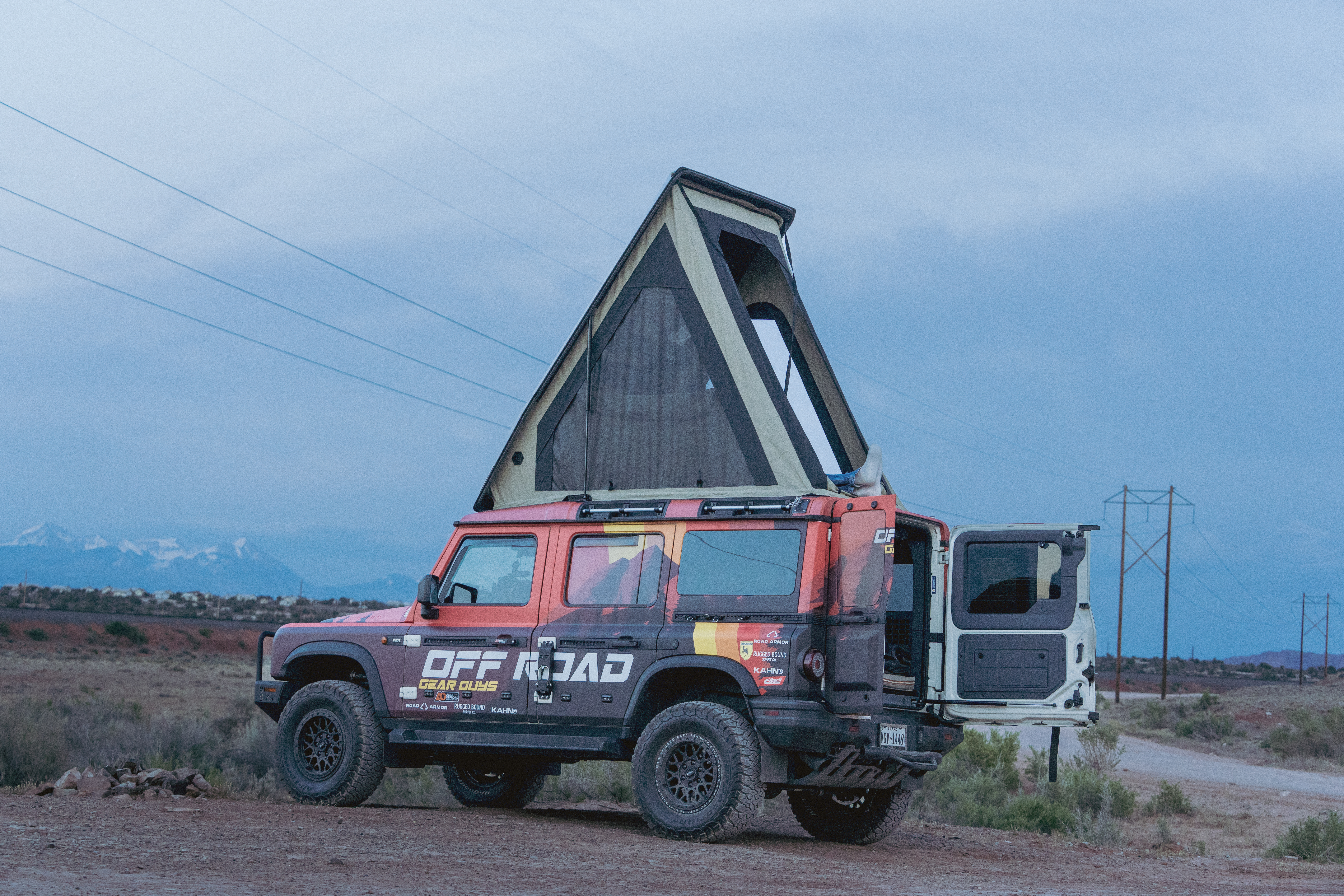 Off Road Gear Guys INEOS Grenadier with rooftop tent at dusk in Moab