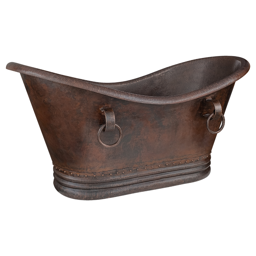 Premier Copper Products 60" Hammered Copper Double Slipper Bathtub With Rings, BTDR60DB