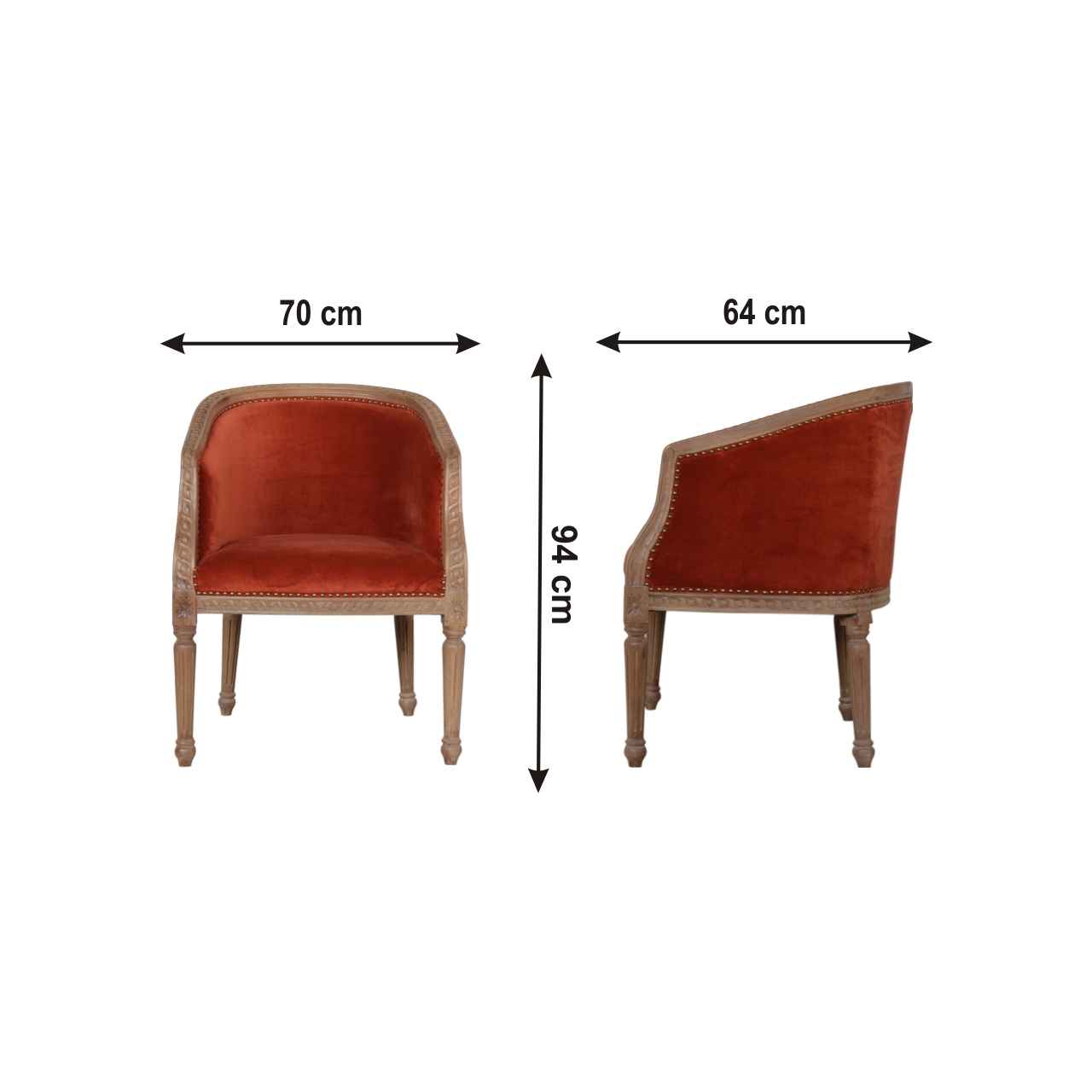 Size chart for Rust Velvet Occasional Chair