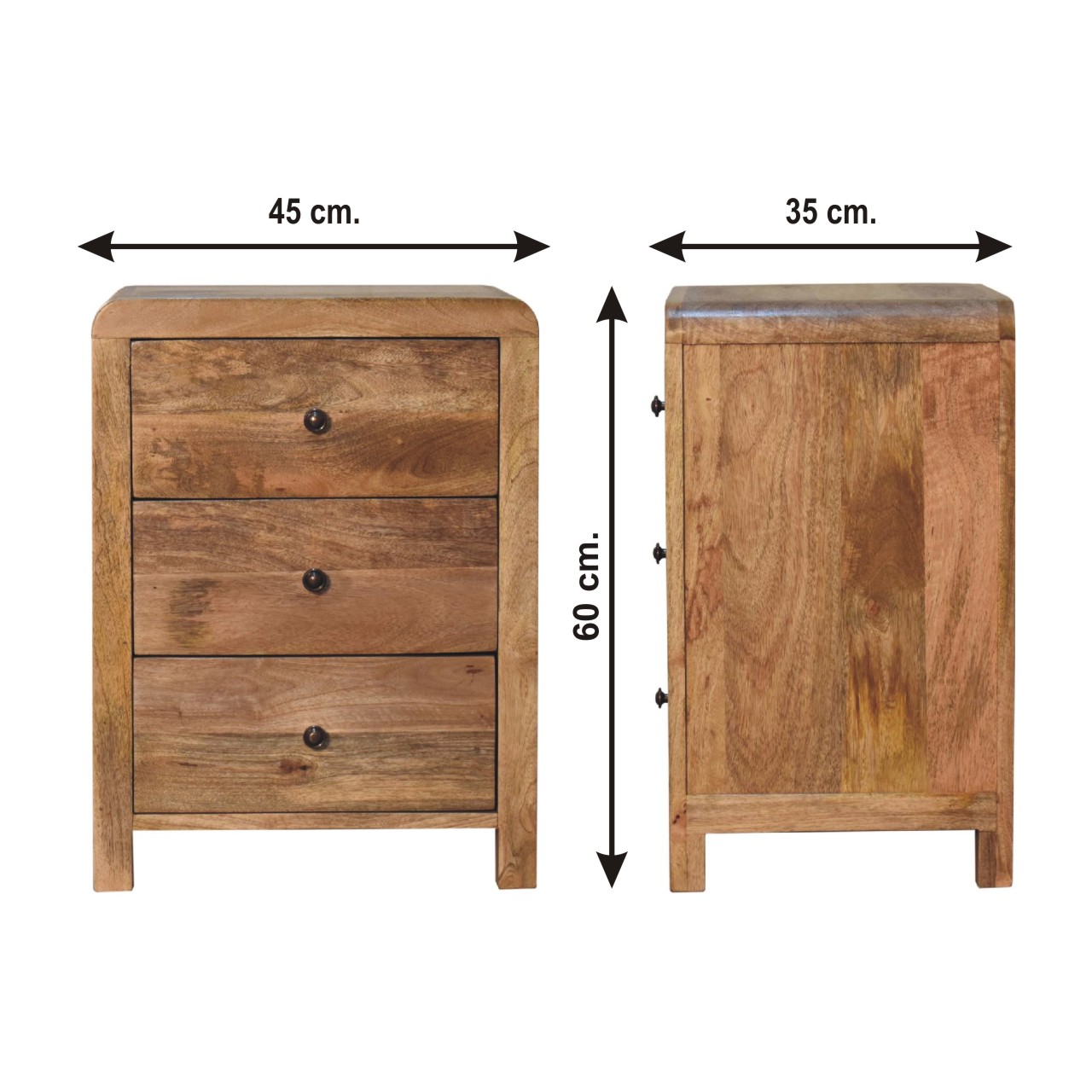 Size chart for Aspen Oak-ish 3-Drawer Bedside Table