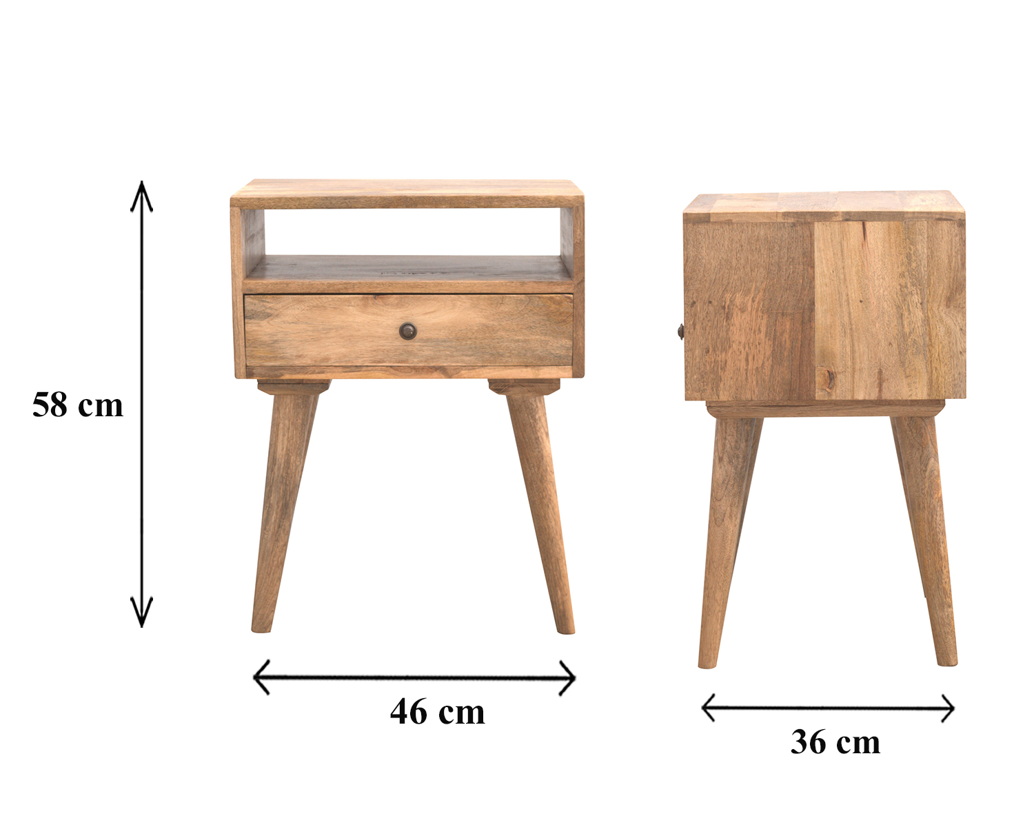 Size chart for Modern Bedside with Open Slot Bedside Table | Oak Mango Wood