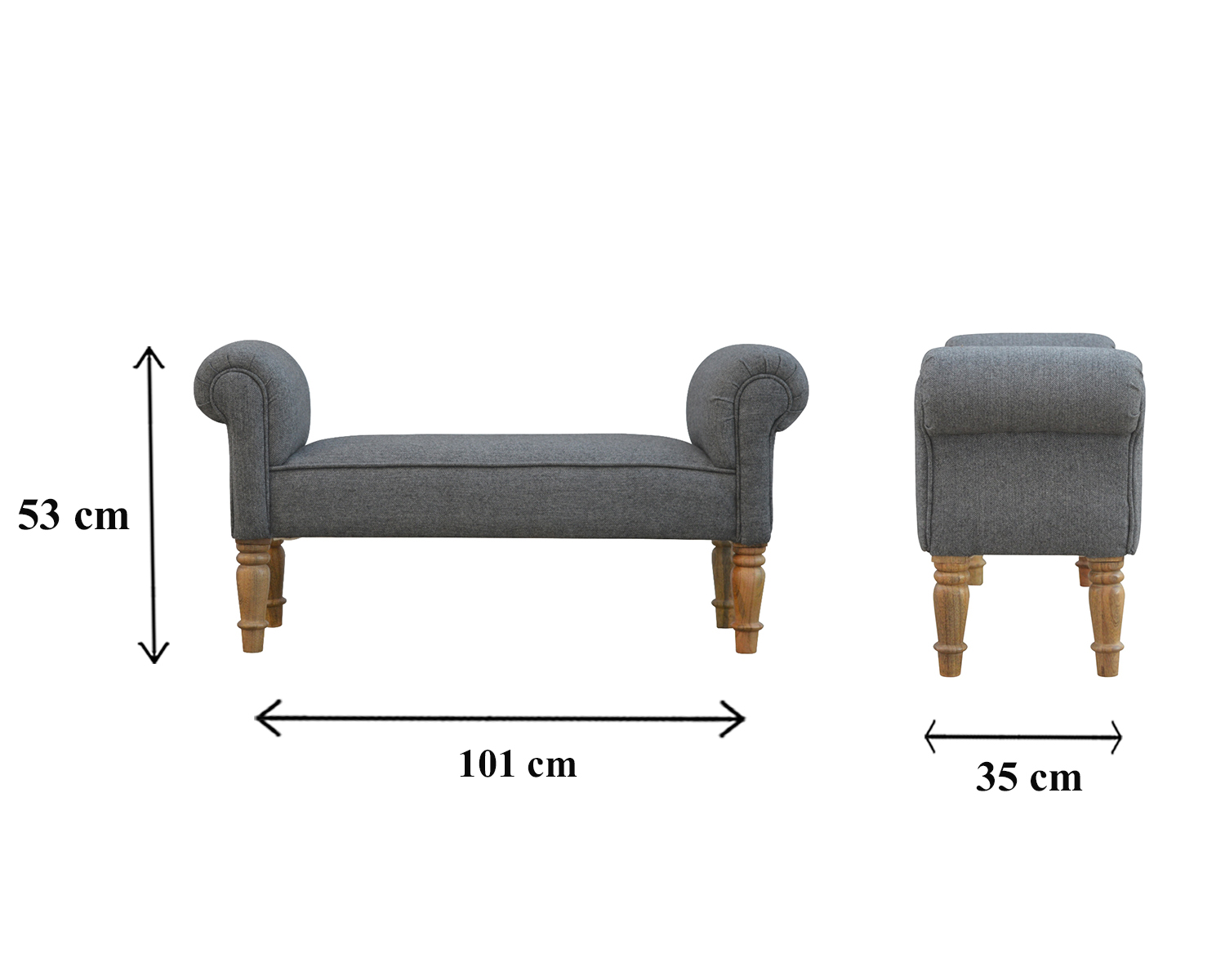 Size chart for Black Tweed Bench with Turned Feet