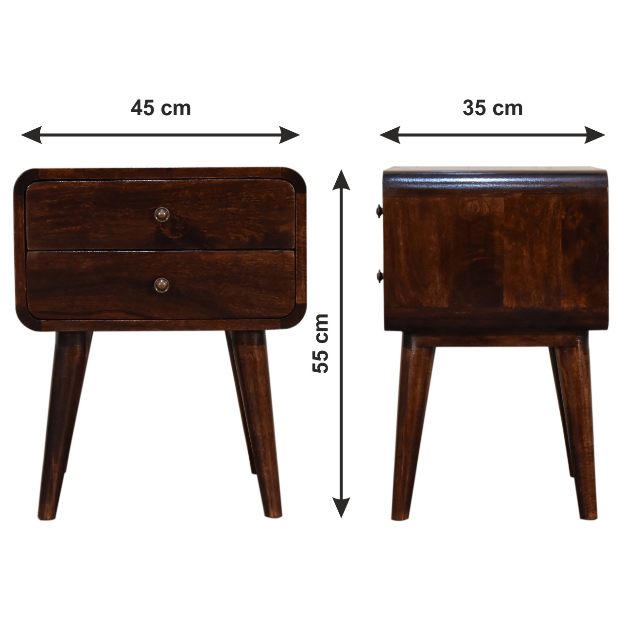 Size chart for Curved Walnut Bedside