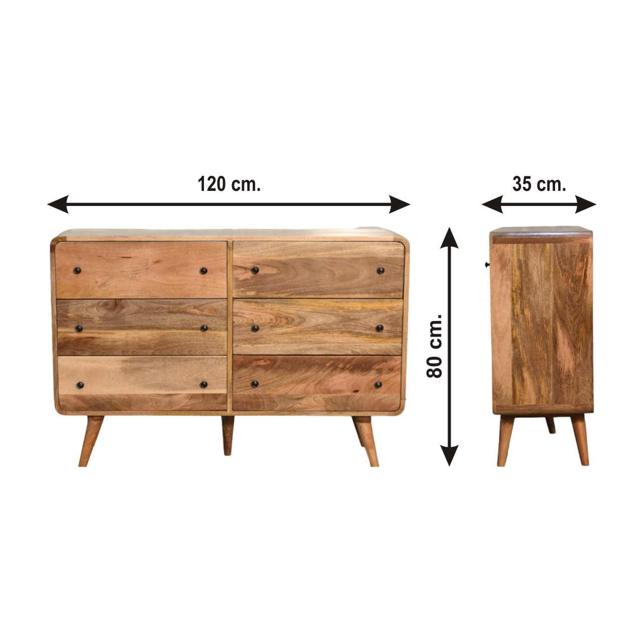 Size chart for Large Curved Oak-ish Chest of Drawers