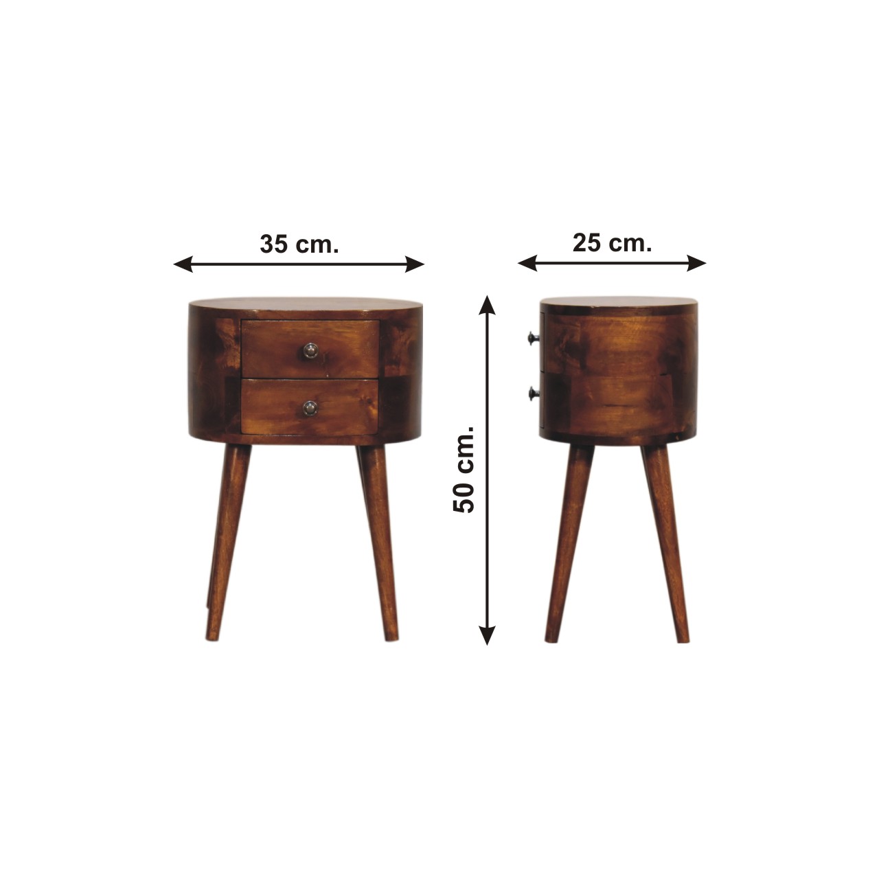 Size chart for Mini Chestnut Rounded Bedside Table