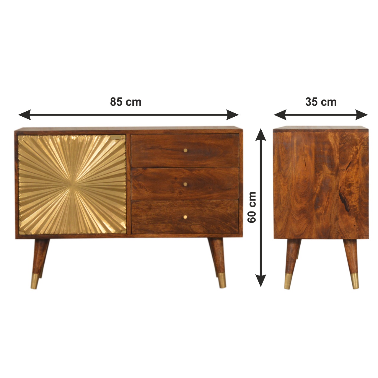 Size chart for Manila Gold Sideboard Chest of Drawers | Chestnut Solid Mango Wood