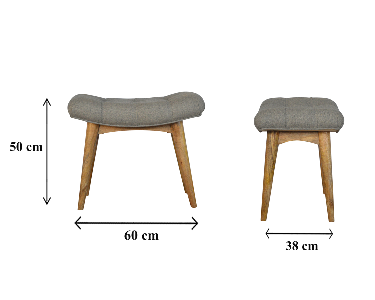 Size chart for Curved Grey Tweed Bench | Oak-Ish